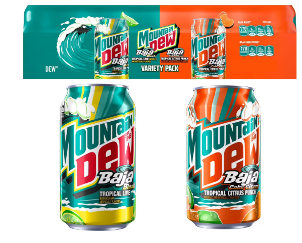A variety pack box and two cans of Mountain Dew Baja (Tropical Lime and Tropical Citrus Punch) are displayed.