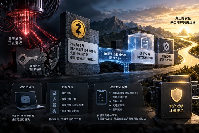 A Chinese-language promotional graphic for Zcash (ZEC) discussing quantum security threats, post-quantum signature migration, and transparent transactions, dated January 2026.