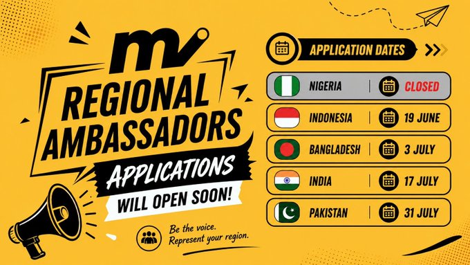 The image features a poster with a yellow background, black text, and various flags representing different countries. The poster displays the names of five regional ambassadors from Africa and Asia, along with their respective dates of application. The text on the poster encourages people to apply for these positions, emphasizing that it's not about asking for the role but rather showcasing one's involvement in the region.