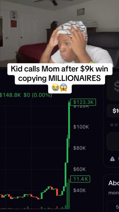 A split image showing a young person holding their head on top, with text "Kid calls Mom after $9k win copying MILLIONAIRES," and a stock chart on the bottom showing a dramatic price spike to $148.8K.