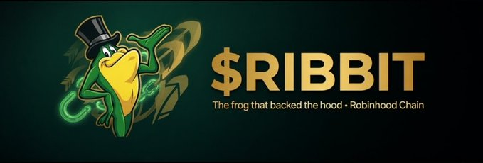 A logo for '$RIBBIT' featuring a cartoon frog wearing a black top hat and holding a green cane, with the tagline 'The frog that backed the hood • Robinhood Chain' on a dark background.