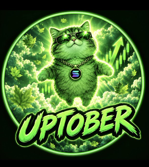 A vibrant digital illustration of a fluffy cat wearing sunglasses and a Solana necklace, surrounded by green clouds and candlestick charts, with the bold text "UPTOBER."