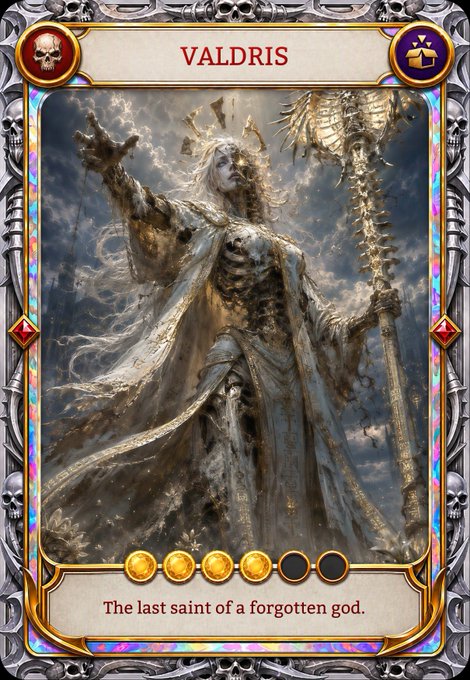 A trading card or game card titled "VALDRIS - The last saint of a forgotten god." depicting a horned skeletal figure in tattered robes holding a staff with a winged emblem.