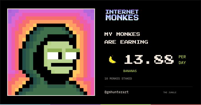 A pixel art promotional banner for "Internet Monkes" displays a hooded green character on a pink/orange gradient background, advertising earnings of "13.88 PER DAY BANANAS" with "10 MONKES STAKED" credited to @gmhunterart. The image relates to the post by showcasing the "Jungle Card" branding in the corner and emphasizing the daily banana earnings from staked Monkes NFTs.