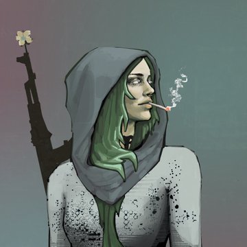 A stylized illustration shows a hooded figure with long green hair smoking a cigarette, with a rifle bearing a white flower slung over their shoulder, wearing a paint-splattered white shirt against a muted background. The artwork visually represents the rebellious, underground aesthetic of the @SherwoodNFTs collection, fitting its free mint promotion on Robinhood Chain.