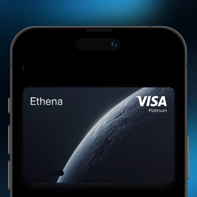 An image of a smartphone displaying a digital Ethena Visa Platinum card against a backdrop of a planet.