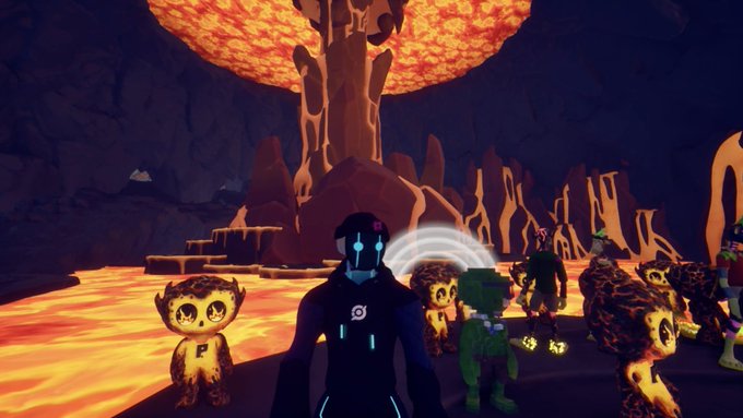 A video game scene shows a dark-suited character with glowing blue accents standing in a volcanic cavern filled with lava, surrounded by small creature companions with round eyes and smiling faces.