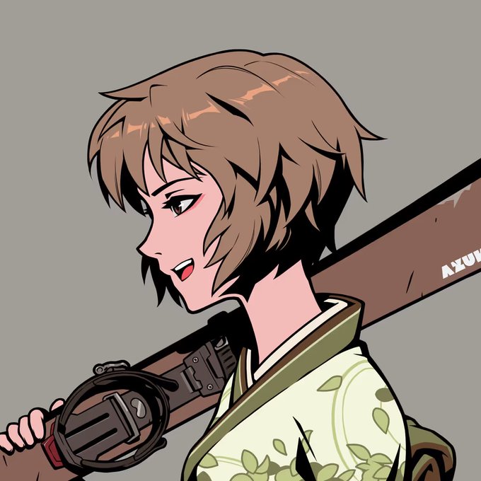 The image features an anime character with brown hair wearing a green and white outfit, holding a pair of skis or ski poles. The character appears to be smiling, giving off a happy vibe. The background of the image is gray, which complements the overall color scheme of the character's attire.