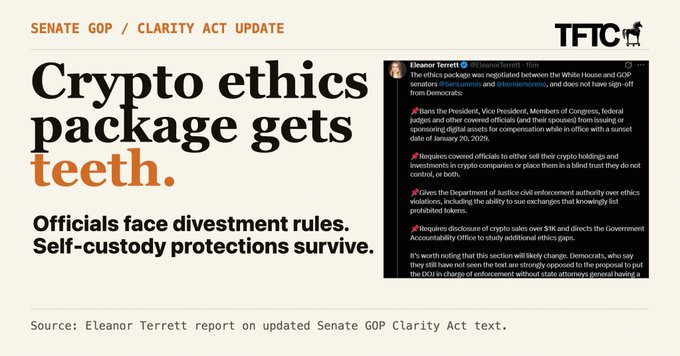 A news graphic from Eleanor Terrett titled "Senate GOP / Clarity Act Update" reports on a new crypto ethics package negotiated between the White House and Senators Lummis and Moreno, which requires covered officials to disclose crypto holdings, bans DOJ enforcement against self-custody, and sunsets the package on January 20, 2029, directly illustrating the accompanying post's summary of the bill's ethics provisions.