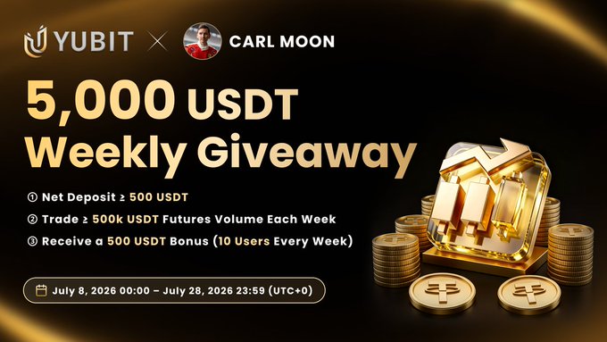 A YUBIT x Carl Moon promotional graphic advertising a "5,000 USDT Weekly Giveaway" with gold coins and trophy imagery, running July 8-28, 2026.