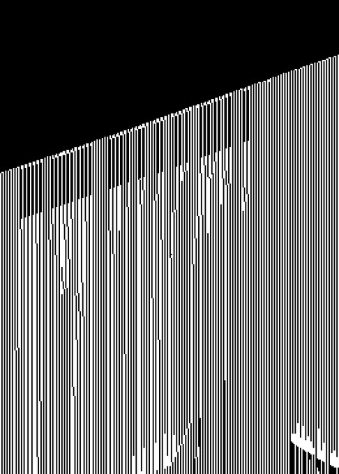 A black and white abstract image featuring numerous thin vertical white lines of varying lengths creating a cascading, curtain-like effect.