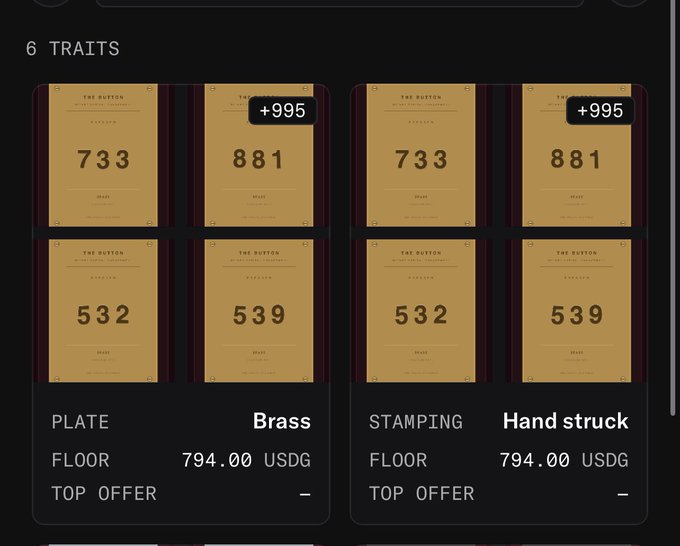 A digital marketplace interface displaying four "THE BUTTON" trait cards with brass plate and hand-struck stamping options, both showing floor prices of 794.00 USDG, reflecting the "x794 $net" price point mentioned in the post.