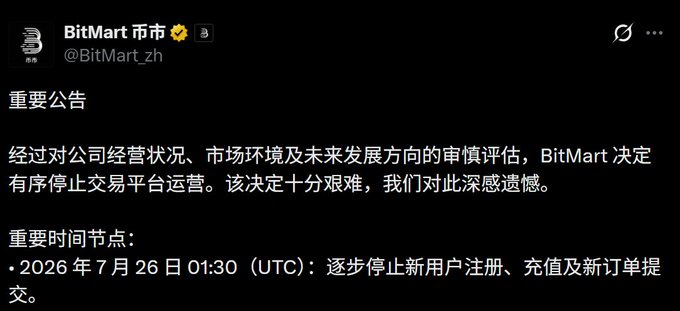 A Chinese announcement from BitMart (@BitMart_zh) on X (Twitter) declaring the orderly shutdown of their trading platform, with key timeline showing July 26, 2026 01:30 UTC for stopping new registrations, deposits, and orders.