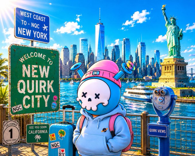 A colorful AI-generated illustration featuring a cartoon character in a pink hat with luggage in front of a 'Welcome to New Quirk City' sign, with the New York skyline, Statue of Liberty, and a coin-operated binocular viewer in the background.