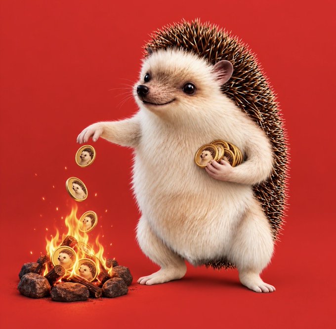 A cute hedgehog stands upright against a red background, holding gold coins with its face stamped on them, while dropping more coins into a small campfire.