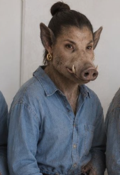 A digital artwork or portrait of a person with a pig face wearing a blue denim shirt, gold earring, and necklace, with their hair tied up in a bun.