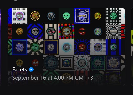 A grid of circular pixel-art icons in various patterns, with a label reading "Facets" and "September 16 at 4:00 PM GMT+3".