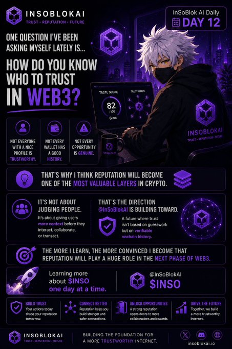 An InSoBlok AI promotional infographic titled 'How Do You Know Who to Trust in Web3?', featuring an anime-style character and discussing their $INSO reputation token.