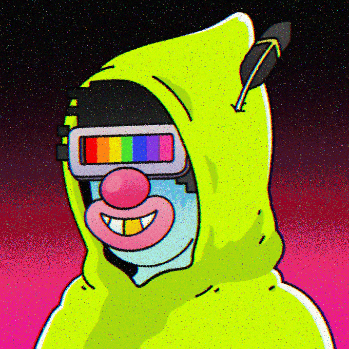 A stylized, grainy illustration of a clown wearing a bright green hooded outfit and rainbow-colored LED glasses with a toothy grin, set against a starry red-to-black gradient background.