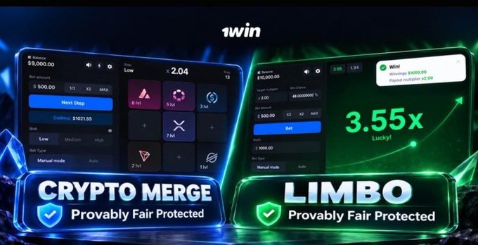 A promotional graphic displays '1win' branding with two games, 'CRYPTO MERGE' and 'LIMBO', both labeled 'Provably Fair Protected', showing phone and tablet interfaces with betting amounts and multipliers.