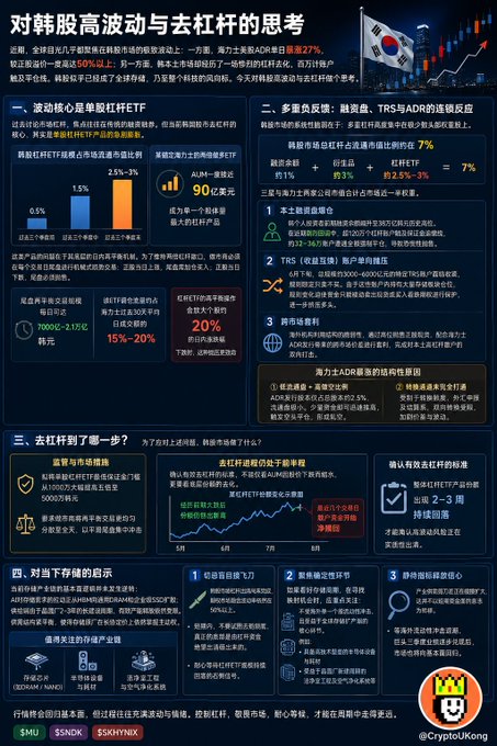 The image is a detailed Chinese-language infographic titled "对韩股高波动与去杠杆的思考" (Reflections on Korean Stock High Volatility and Deleveraging), featuring charts with data points like "2.5%-3%" leverage levels, "90亿美元" ($9 billion), and references to leveraged ETFs, KOSPI, TRS, ADR, and deleveraging metrics alongside stock tickers $MU, $NDX, $SKHYNIX.

The infographic's theme of high volatility, leveraged ETFs, and forced deleveraging directly parallels the post's commentary on how the AI stock plunge has exposed over-leveraged retail investors and separated disciplined index holders from those chasing speculative tech gains.