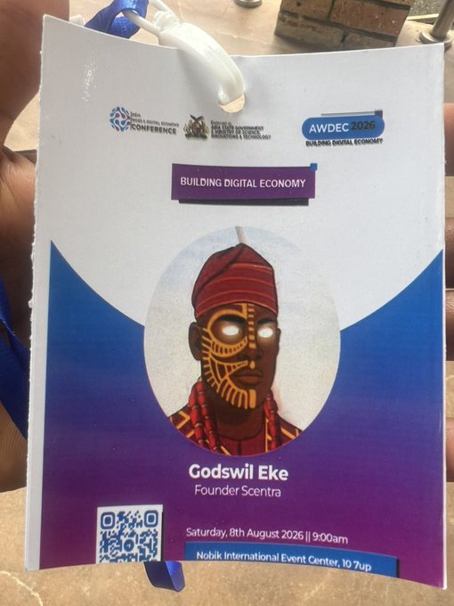 An event badge for 'AWDEC 2026 BUILDING DIGITAL ECONOMY' featuring a stylized portrait of 'Godswil Eke, Founder Scentra,' scheduled for 'Saturday, 8th August 2026 || 9:00am' at 'Nobik International Event Center, 10 ?up' with a QR code.