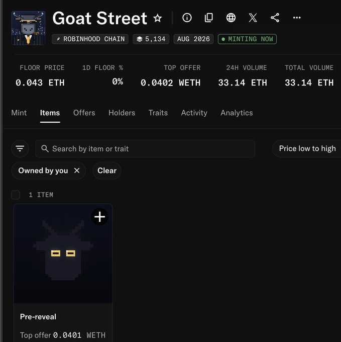 A screenshot of the "Goat Street" NFT collection on Robinhood Chain shows a floor price of 0.043 ETH with a top offer of 0.0402 WETH and 24H volume of 33.14 ETH, with one pre-reveal item currently owned. The image supports the post by showing the owner holding one of the free-minted "Goat Street" NFTs, which has already gained value as it moves toward a 0.04 ETH floor while still in the Guaranteed/FCFS mint phase.