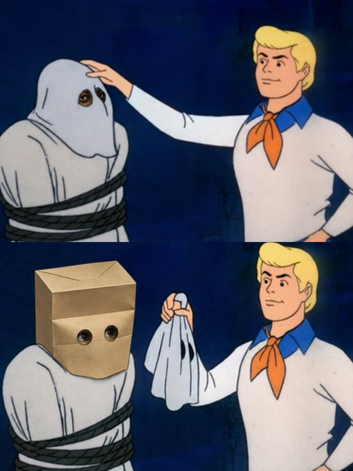 Freddy Jones from Scooby-Doo unmasks a ghost to reveal just a paper bag, satirizing how crypto's anonymous culture is being stripped away as "degens" abandon pseudonymity for IRL identities and doxxing.

The image uses the classic unmasking trope to suggest that behind the supposed "anonymous" crypto figures lies nothing more than a simple paper bag—reinforcing the post's lament about the loss of cyberpunk anonymity in the space.