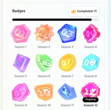 A screenshot of a 'Badges' section showing a progress tracker with 'Completed: 11' and 12 colorful season badges, with Season 12 marked as 'Ongoing'.