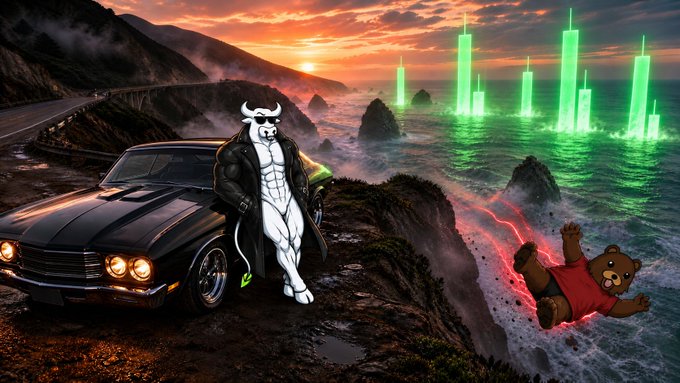 A muscular cartoon bull in a trench coat leans against a sleek black muscle car on a coastal cliff at sunset, watching a teddy bear in a red "BULL" shirt plummet into a chasm, while neon green skyscrapers rise from the ocean in the distance—visually representing the post's playful "friendship ended with Beras, now BULL" narrative of seizing a dormant IP's cultural momentum for the $BULL token.