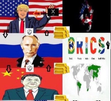 This image depicts Donald Trump pointing to XRP alongside a "BRICS" logo featuring the flags of Brazil, Russia, India, China, and South Africa, suggesting a connection between XRP and a new financial system involving these nations and gold. The accompanying post further elaborates on this, claiming XRP is central to a global agreement on a level playing field and a new financial system backed by tokenized gold.