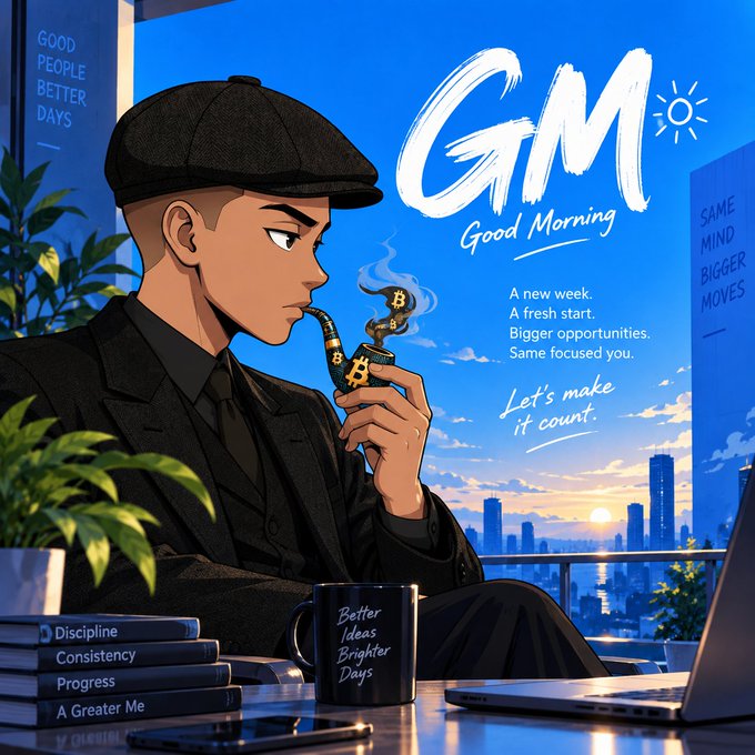 An anime-style illustration of a man in a flat cap smoking a pipe made of Bitcoin symbols, with 'GM Good Morning' text, motivational phrases, and books labeled 'Discipline,' 'Consistency,' 'Progress,' and 'A Greater Me.'