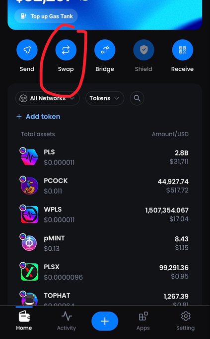 A mobile crypto wallet interface displaying various tokens including PLS, PCOCK, WPLS, pMINT, PLSX, and TOPHAT, with the 'Swap' button circled in red marker.