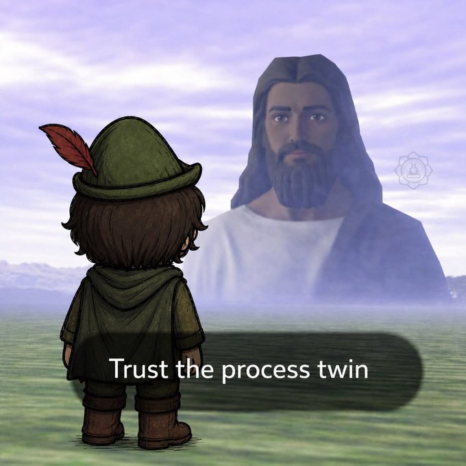 A digital illustration of a small character in a green hooded outfit with a red feather standing before a large translucent image of Jesus, with the caption 'Trust tha process twin'.