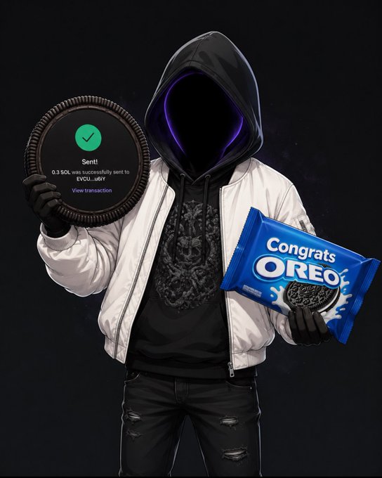 urn of purple light, face obscured by hoodie, white jacket with blue and orange stripes, black gloves, and a blue and white Oreo bag against a dark background.