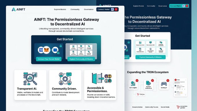 A website screenshot for 'AINFT: The Permissionless Gateway to Decentralized AI', featuring sections like 'Transparent AI' and 'Community Driven' on the TRON ecosystem.