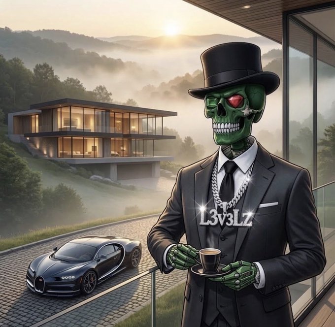 An AI-generated image of a green skeleton wearing a black top hat, suit, and 'L3v3LZ' diamond necklace, holding a coffee cup beside a Bugatti supercar and a modern hillside mansion.