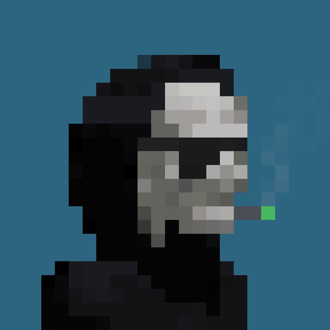 A heavily pixelated image showing a figure wearing a dark helmet or headgear with a green dot, against a blue background.
