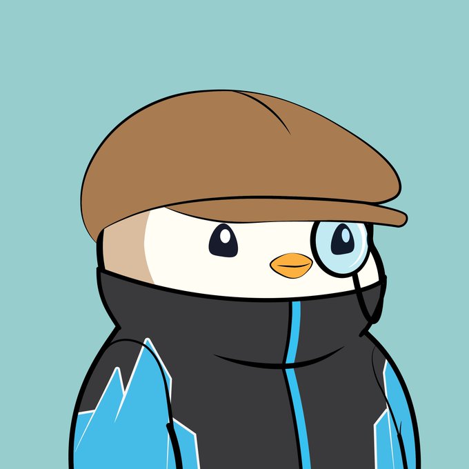 A cartoon penguin wearing a brown flat cap, monocle, and a black and blue jacket stands against a light blue background, perfectly matching the post's "GM NFTs" theme with its dapper, gentlemanly aesthetic.