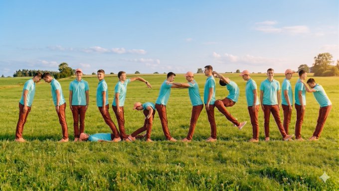 The image features a group of people posing for a photo, all wearing blue shirts with white text that reads "can you guess". They are arranged in two rows, one row standing upright and another row kneeling down. The background shows a grassy field under a clear sky, providing a natural setting for the photograph.