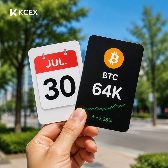 A promotional image for KCEX shows a hand holding a black card displaying "BTC 64K" with an up arrow of +2.35%, alongside a calendar marked "JUL. 30" against an outdoor background.