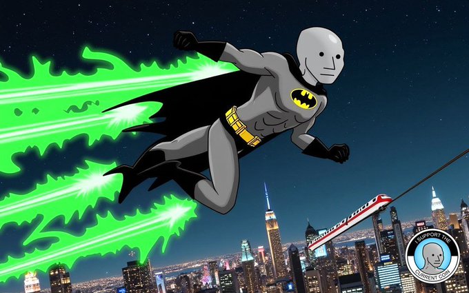 A cartoon illustration of a Batman-like superhero figure wearing a hockey mask (Jason Voorhees style) flying over a nighttime New York City skyline with a Virgin Atlantic airplane visible, branded with 'I SUPPORT THE GRAPHENE COMPANIES'.