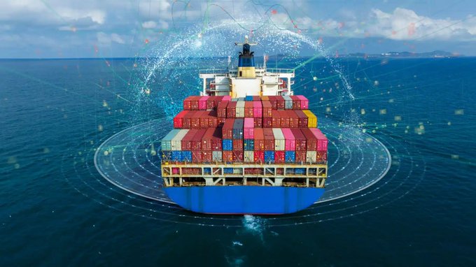 A large container ship loaded with colorful cargo containers sails across the ocean, surrounded by a digital overlay of glowing network lines and data points symbolizing global connectivity.