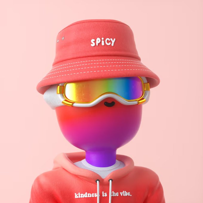 A 3D-rendered character with a smooth pink-to-purple gradient head wears a coral bucket hat reading 'SPICY', rainbow ski goggles, and a matching hoodie stating 'kindness is the vibe.'
