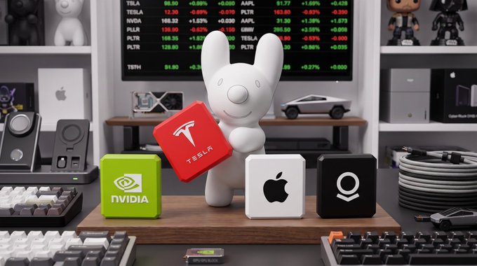A desk setup displays figurines and cube-shaped objects representing NVIDIA, Tesla, Apple, and Qualcomm in front of a stock market monitor.