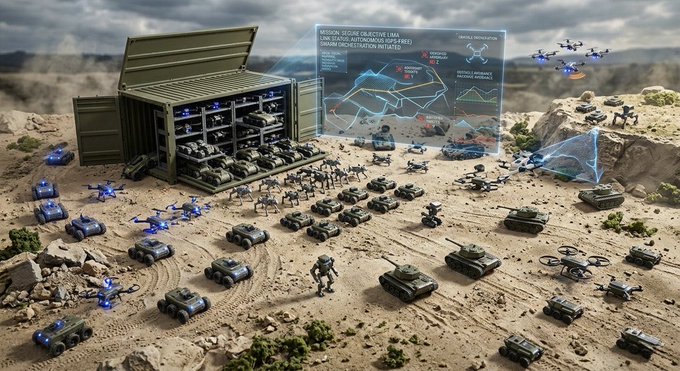 The image features an open green shipping container with various military vehicles inside of it. The vehicles include tanks, fighter jets, and other military equipment. A large map is displayed on a screen above the vehicles, possibly showing the layout or strategy for their use in battle. The scene also includes several small figures scattered throughout the area, likely representing soldiers or civilians involved in the operation.