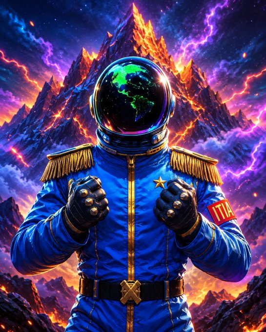 A vibrant illustration of an astronaut in a blue uniform with gold epaulettes and an 'ITALIA' patch, wearing a helmet displaying Earth, set against a fiery mountain landscape with purple skies.