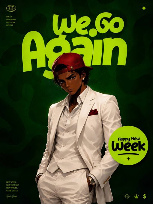 A poster features an illustrated man in a white suit and red cap with the text 'We.Go Again' and 'Happy New Week,' set against a dark green background.