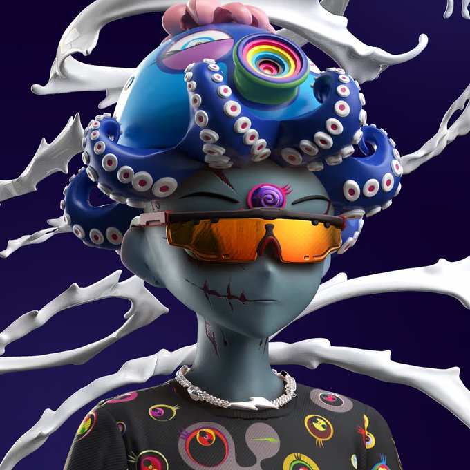 A 3D-rendered character with blue-grey skin, wearing orange visor sunglasses, a chain necklace, and a sweatshirt with eye motifs, topped with blue octopus tentacles and surrounded by white bone-like shapes.