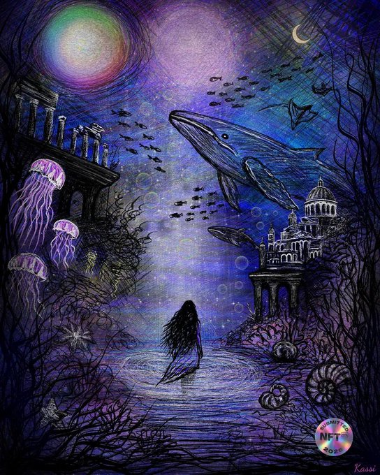 A fantasy illustration titled 'IMMORTALITY' by Kassi showing a mermaid in an underwater scene with whales, jellyfish, ruins, and a moonlit sky.